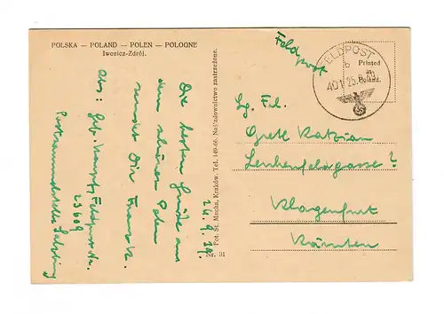 Premières lettres 25.09.39,FPn° 23609 après Klagenfurt, carte de vue Iwonicz-Zdroj