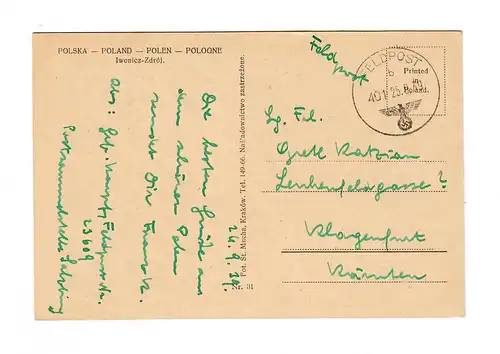 frühe Feldpost 25.09.39,FPNr. 23609 nach Klagenfurt, Ansichtskarte Iwonicz-Zdroj