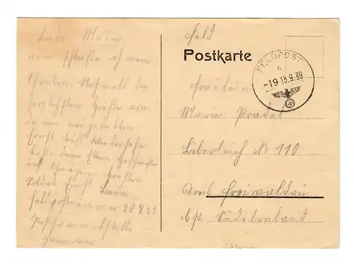 frühe Feldpost, 15.09.39 mit FPNr. 28241 auf Postkarte ins Sudetenland