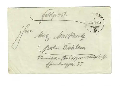 Premières lettres, 15.09.39 avec numéro de FP 27185, salle Siemiawa/Radomysl à Berlin