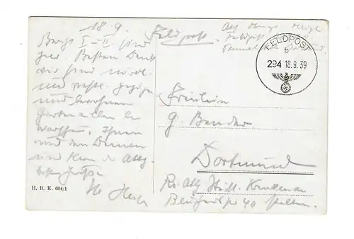 Premières lettres, 18.09.39 sur FPn° 20790, carte de visite avec cerf à Dortmund