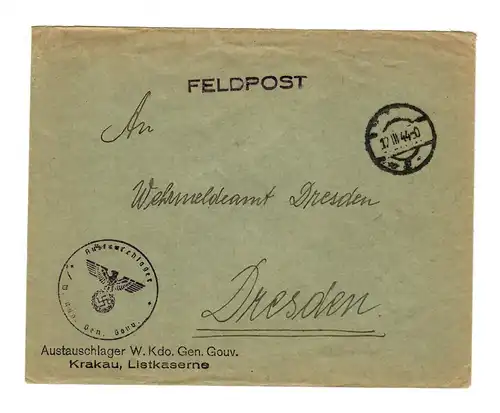 Feldpost 1944 Austauschlager W. Kdo. Generalgouvernement, Krakau Listkaserne