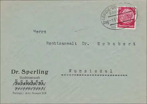 Poste ferroviaire: Lettre de Nossen avec le cachet de Leipzig-Dresde à Wunsiedel 1939