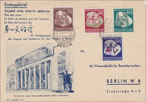 1951: FDC Weltfestspiele an Versandstelle für Sammlermarken Berlin-Sonderstempel