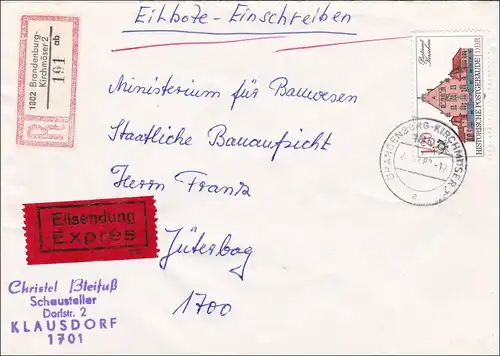 DDR: 1983: Eilboten-Einschreiben von Brandenburg Kirchmöser nach Jüterbog