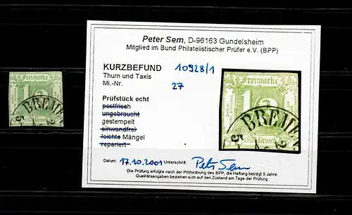 Thurn & Taxis: MiN° 27, cacheté, résultat BPP