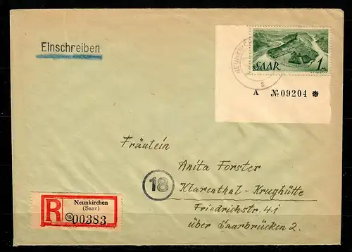 MiNr. 225, Eckrand auf R-Brief Neunkirchen nach Klarenthal-Krughütte, BPP Befund