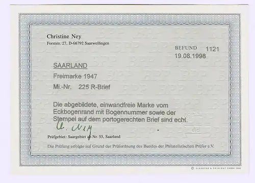MiNr. 225, Eckrand auf R-Brief Neunkirchen nach Klarenthal-Krughütte, BPP Befund