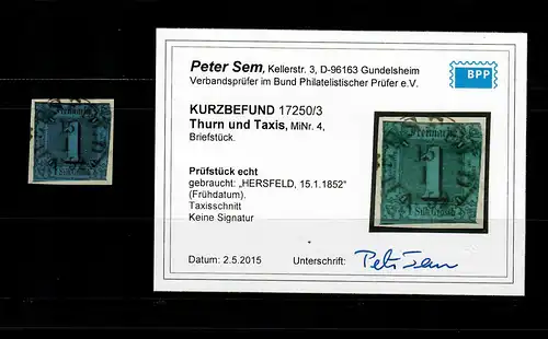 Thurn & Taxis: MiNr. 4, cacheté Hersfeld, BPP résultat