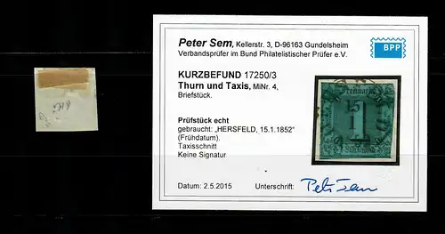 Thurn & Taxis: MiNr. 4, cacheté Hersfeld, BPP résultat