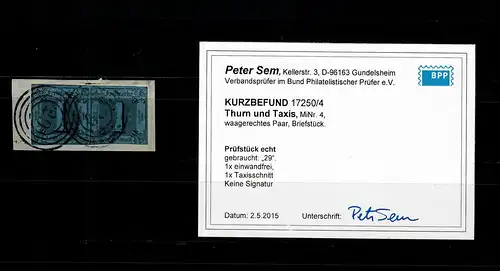 Thurn & Taxis: MiNr. 4, im waagrechten Paar, Briefstück, gest.Nr. 29, BPP Befund