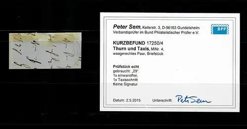 Thurn & Taxis: MiNr. 4, im waagrechten Paar, Briefstück, gest.Nr. 29, BPP Befund