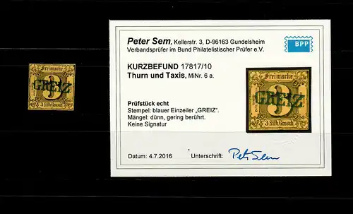 Thurn & Taxis: MiNr. 6a, gestempelt Greiz, BPP Befund