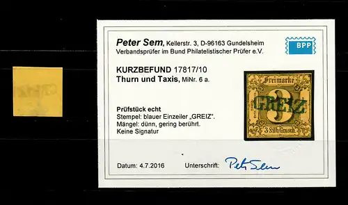 Thurn & Taxis: MiNr. 6a, cacheté GRIZ, BPP résultat