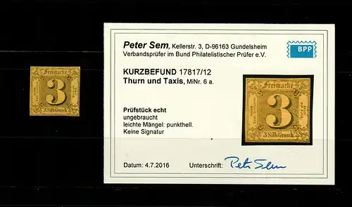 Thurn & Taxis: MiNr. 6a, ungebraucht, BPP Befund