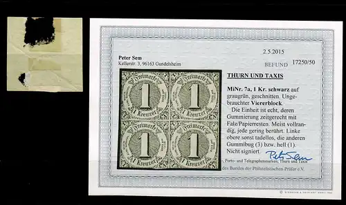 Thurn & Taxis: MiNr. 7a, ungebrauchter Viererblock, BPP Befund