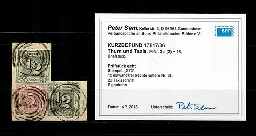 Thurn & Taxis: MiNr. 3a und 18, gestempelt 273, BPP Befund