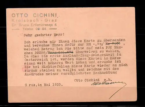 Carte postale de Kroisbach vers Salach (D), Voilier-Post 1933, Graz-Marburg