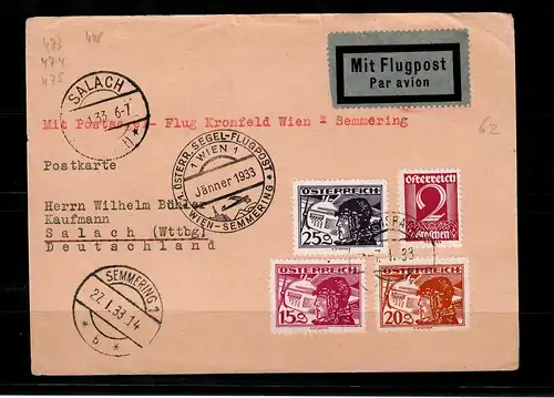 A: Postkarte Flugpost Kroisbach nach Salach (D), Segelflug-Post 1933