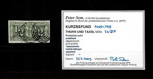 Thurn & Taxis: MiNr. 3b en couple horizontal, tamponné, BPP