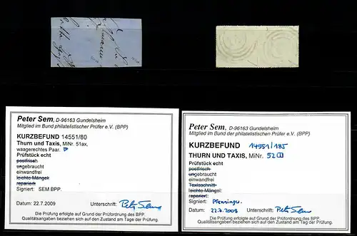 Thurn & Taxis: MiNr. 51ax und 52 je im waagrechten Paar, gestempelt, BPP Befund