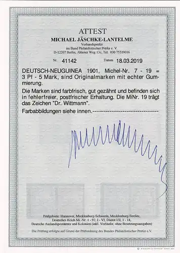 Deutsch-Neuguinea: MiNr. 7-19, postfrisch, **, mit BPP Attest