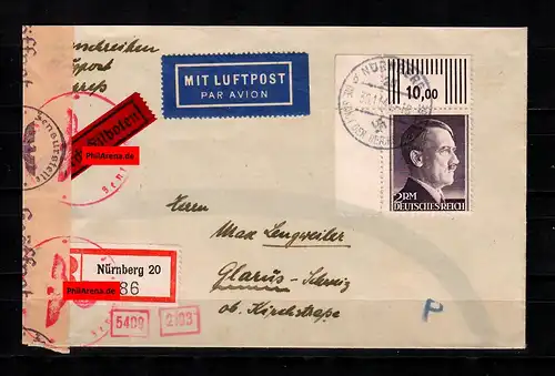 DR: MiNr. 800A, Eckrand auf Lufpost R-Eil Brief von Nürnberg nach Glarus/Schweiz