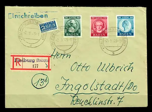 Baden: Einschreiben Freiburg 1949, MiNr. 47-49 nach Ingolstadt
