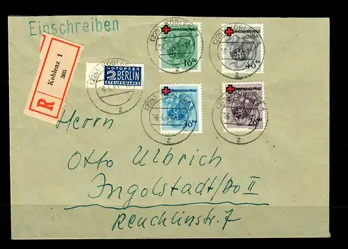 Rhénanie-Palatinat: lettre recommandée Coblence 1949, Min. 42-45A vers Ingolstadt