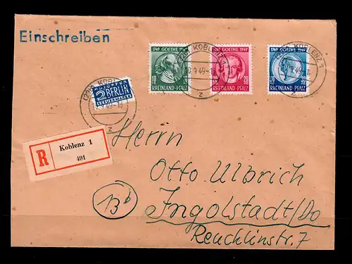 Rheinland-Pfalz: Einschreiben Koblenz 1949, MiNr. 47-49 nach Ingolstadt