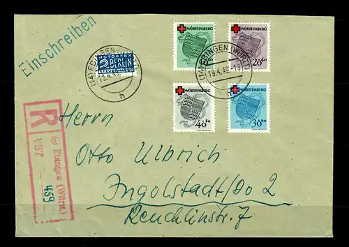 Wurtemberg: lettre recommandée Ebingen 1949, Min. 40-43A vers Ingolstadt
