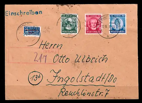 Württemberg: Einschreiben Ebingen 1949, MiNr. 44-46 nach Ingolstadt