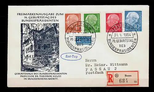 FDC Einschreiben MiNr.178,183,185,187, 70. Geburtstag Heuss von Bonn nach Passau