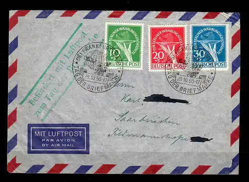 Berlin: MiNr. 68-70 auf Lufptostbrief Frankfurt nach Saarbrücken, 1950