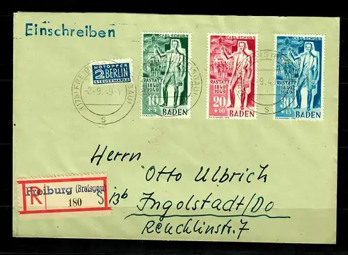 Baden: 3xEinschreiben Freiburg, und Postkarte mit MiNr. 50-57