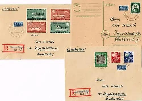 Baden: 3xEinschreiben Freiburg, und Postkarte mit MiNr. 50-57