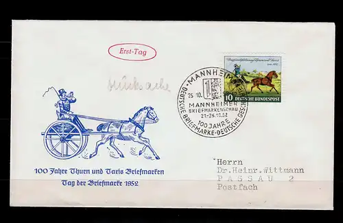 Bund: FDC MiNr. 160, Thurn & Taxis, Mannheim nach Passau