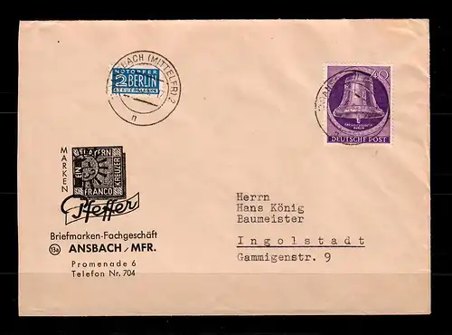 Berlin: MiNr. 105 als Einzelfrankatur von Ansbach nach Ingolstadt