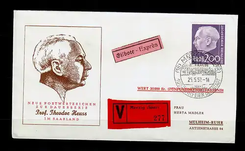 Saarland: MiNr. 399 FDC, Eil, Wert, Theodor Heuss, Merzig nach Mülheim-Ruhr