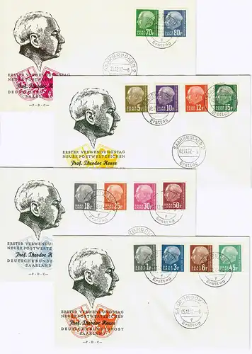 Saarland: MiNr. 409-428, 8x FDC Theodor Heuss Saarbrücken