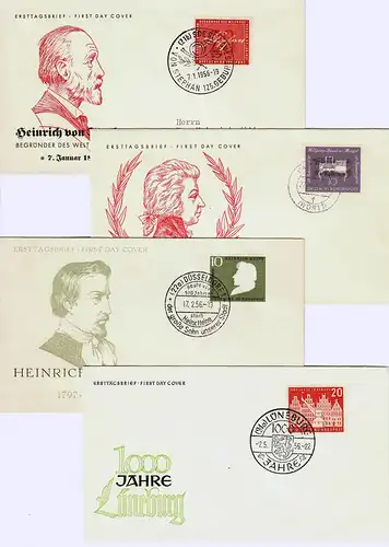 Bund: MiNr. 227-248, Jahrgang 1956 auf 16x FDC, teils Einschreiben