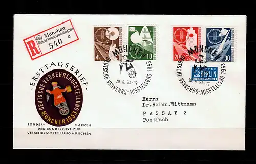 Bund: MiNr. 167-170, FDC Deutsche Verkehrsaustellung 1953, München Einschreiben