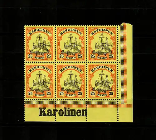 Karolinen: MiNr. 11, vom Eckrand, 6er Block mit Inschrift, postfrisch, **