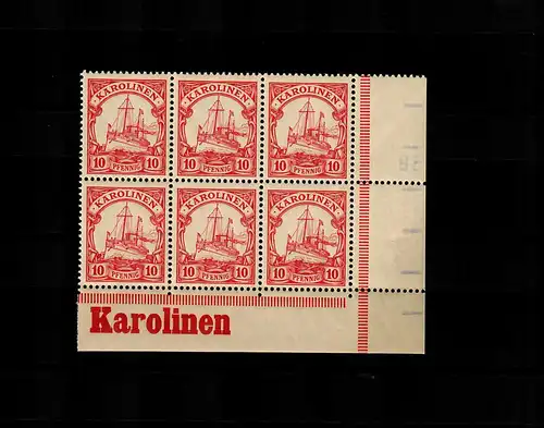 Karolinen: MiNr. 9, vom Eckrand, 6er Block mit Inschrift, postfrisch, **