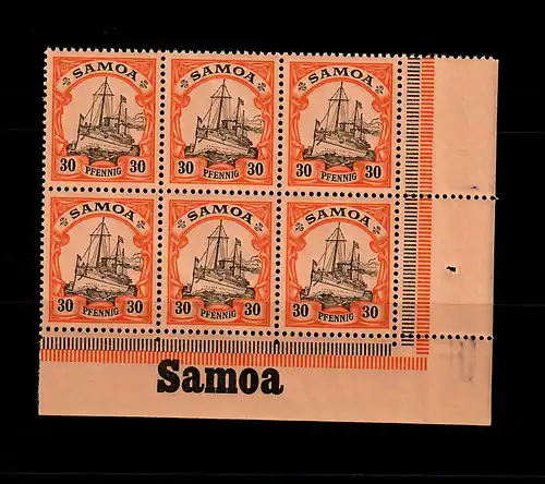 Samoa: MiNr. 12, 6er Block vom Eckrand rechts mit Inschrift, postfrisch, **