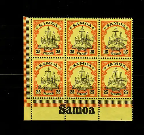 Samoa: MiNr. 11, 6er Block vom Eckrand mit Inschrift, postfrisch, **