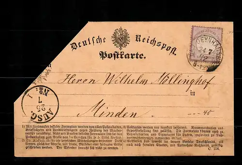 DR: Min. 1 sur carte postale Oeynhausen vers Minden, 1872