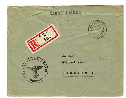 GG 1943 Feldpost: Inscrivez-vous Cracovie L'hôpital de réserve à Dresde