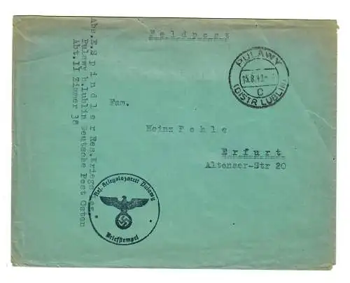 GG 1942 Feldpost: Pulawy, Deutsche Post Osten, Kriegslazarett nach Erfurt