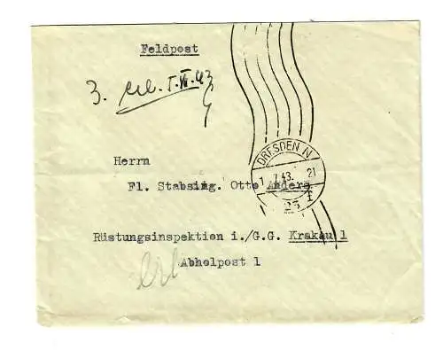 GG 1943 Feldpost Brief Dresden an Rüstungsinspektion Krakau